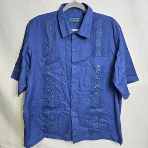 Vintage TropiCool Embroidered Guayabera Button Down Shirt, Blue, Mens Size Large